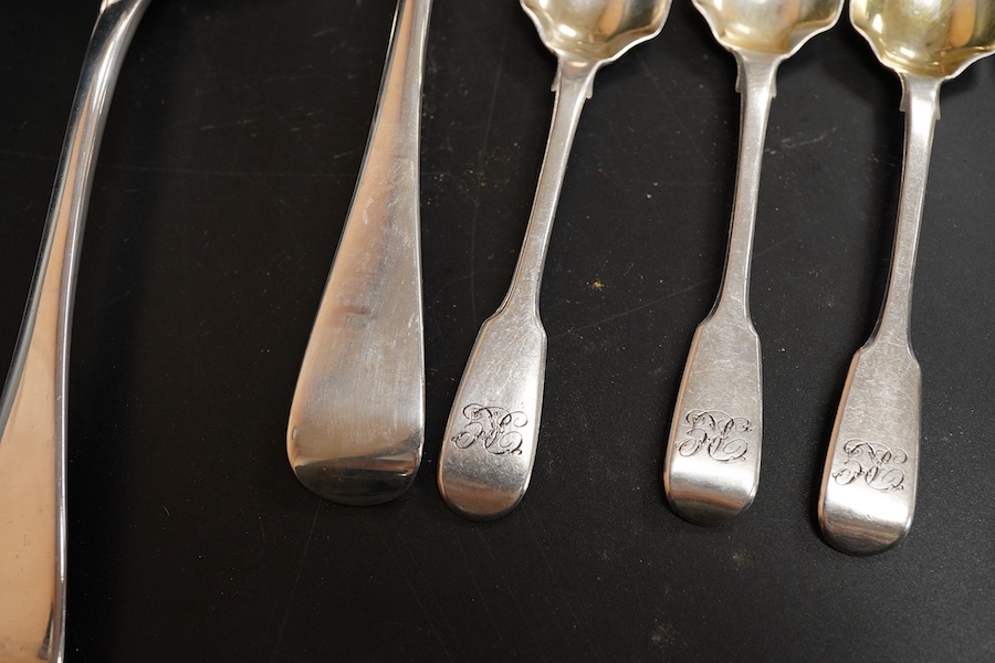 A pair of Edwardian silver Old English pattern sauce ladles, by Daniel & John Welby, London, 1901, 17.3cm, together with seven other items of silver flatware including a fiddle pattern table spoon, London, 1845 and a mot